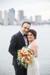 Bride and Groom with Boston Harbor in background.