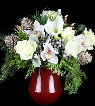 Photograph of custom holiday floral arrangement in Boston