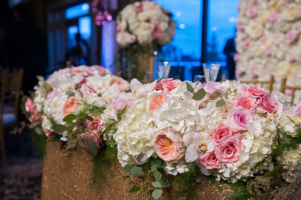 white hydrageas and pink roses by Stapleton Floral Design