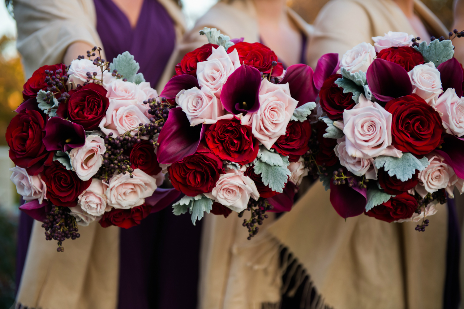 romantic deep red roses, purple, and light pink bridal bouquet by Stapleton Floral Design