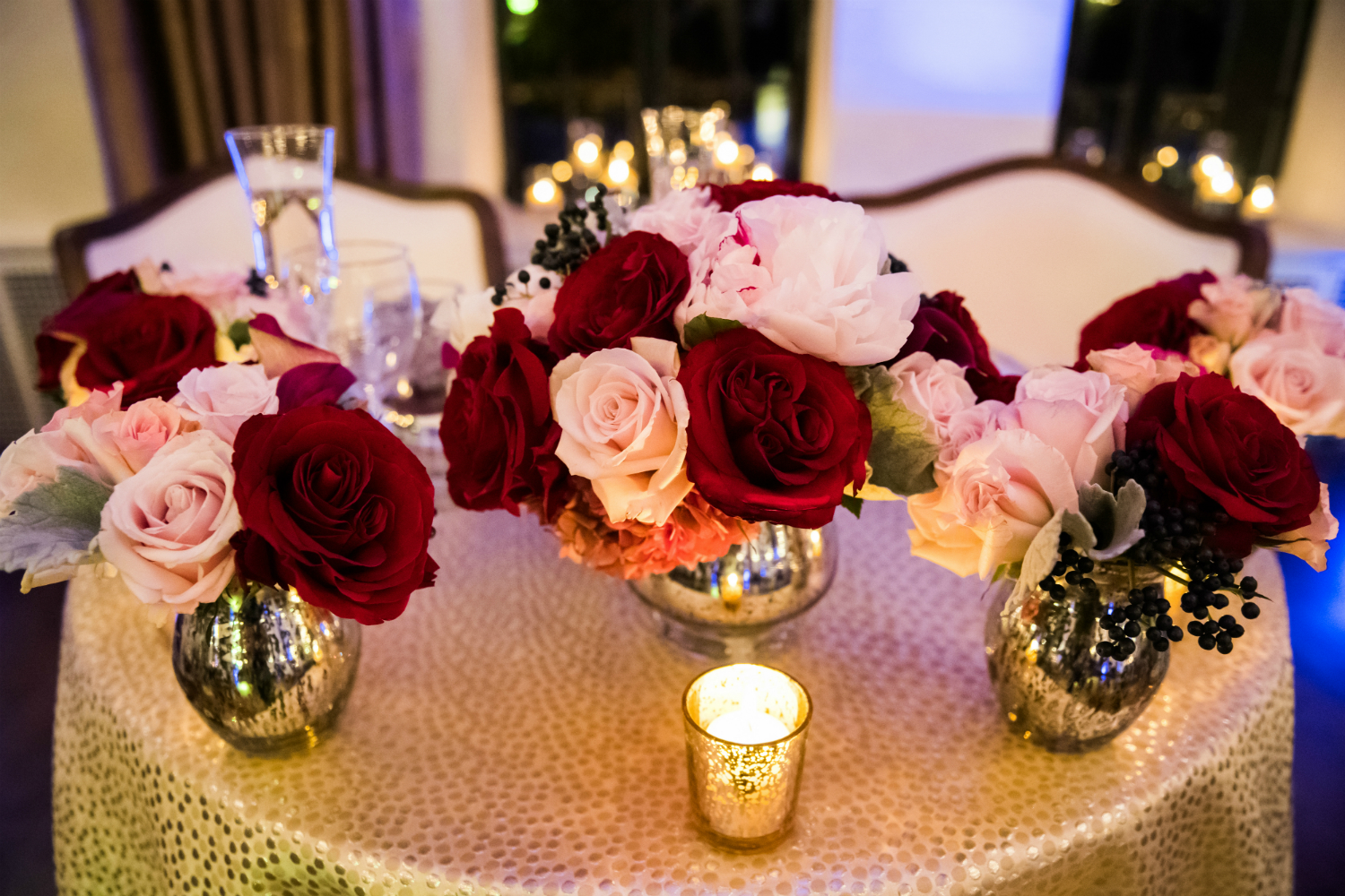 blush pink and deep red roses low centerpieces by Stapleton Floral Design