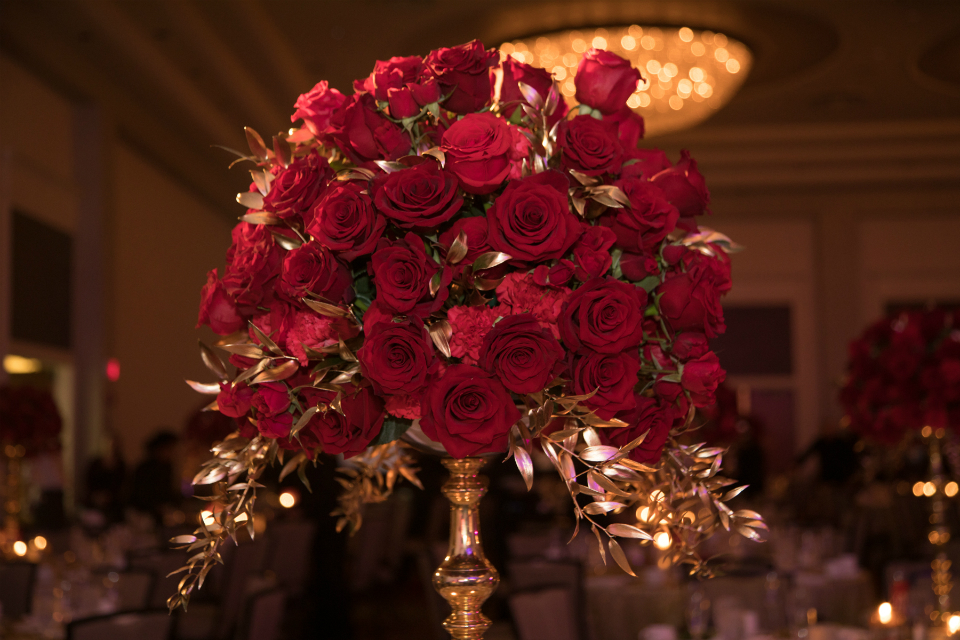 red roses centerpiece with gold accents by Stapleton Floral Design