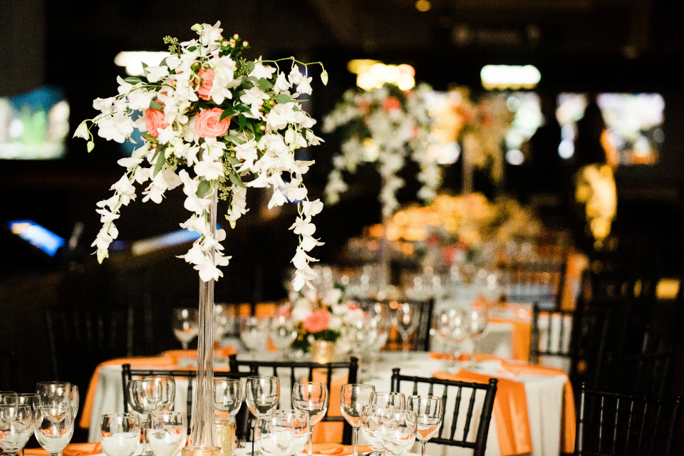 Tall centerpiece floral arrangement at the New England Aquarium for a wedding