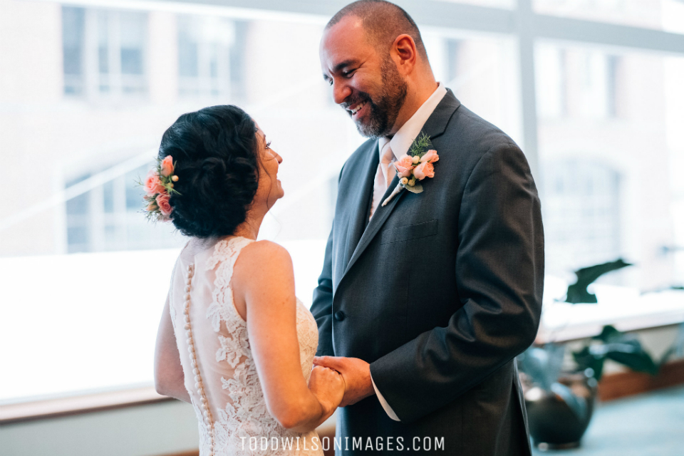 Happy bride and groom's intimate wedding ceremony