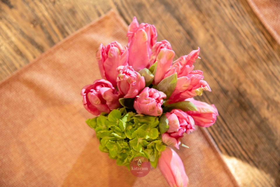 Pink flowers and green hydrangeas