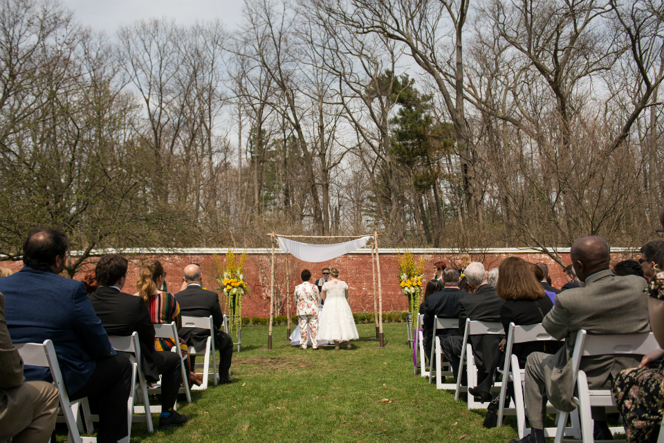 Wedding ceremony outside at the Lyman Estate