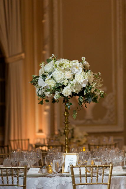 Tall elegant white and gold wedding centerpiece by Stapleton Floral Design