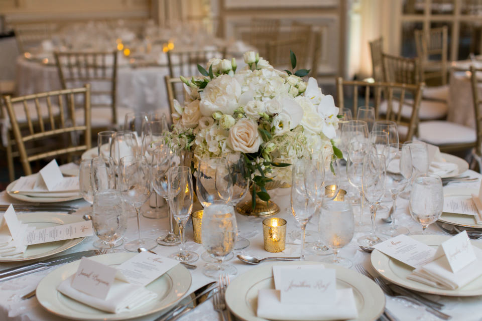 Elegant white and cream low table centerpieces by Stapleton Floral Design