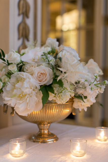 Elegant white roses and hydrangeas table centerpieces by Stapleton Floral Design