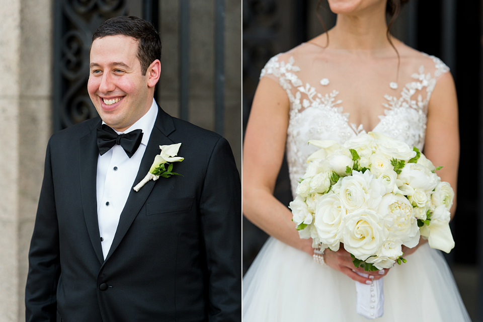 Elegant bridal bouquet with white roses and accents of greenary by Stapleton Floral Design