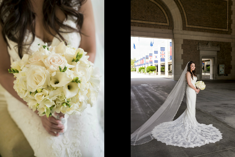 Beautiful bride holding an elegant all white with green accents bouquet