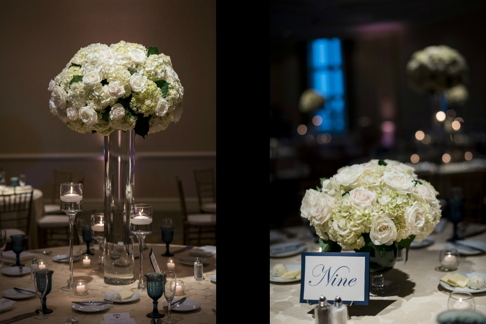 tall floral designs to flank the alter, lush and textural white bridal bouquets, varying high and low centerpieces