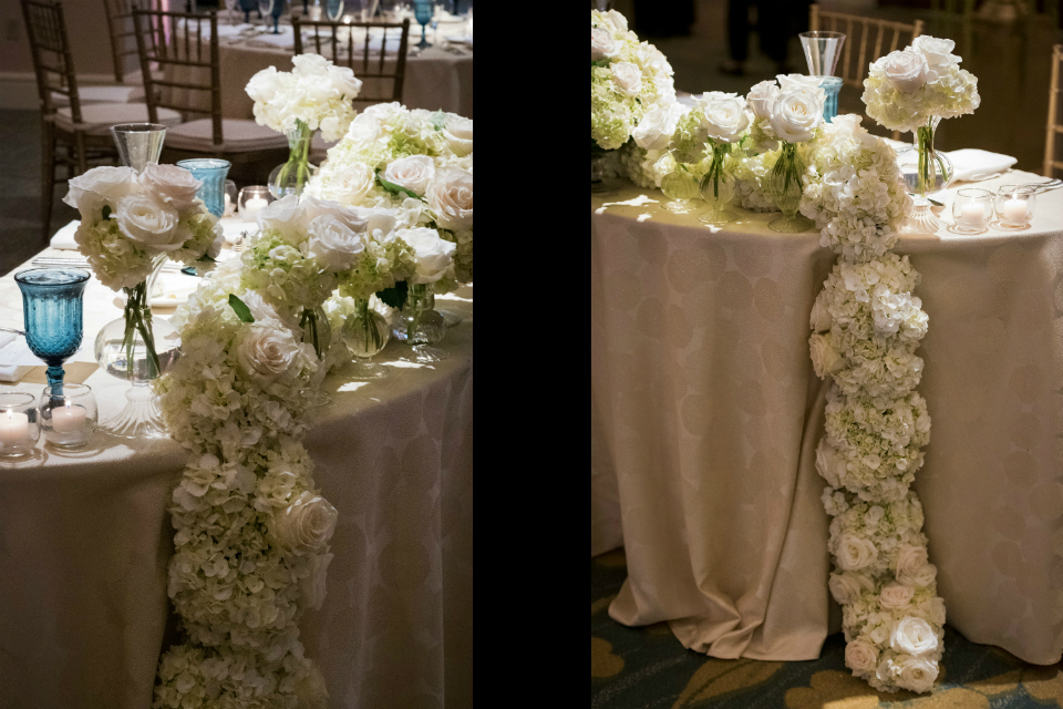 Cascading white roses and hydrangeas centerpieces for wedding