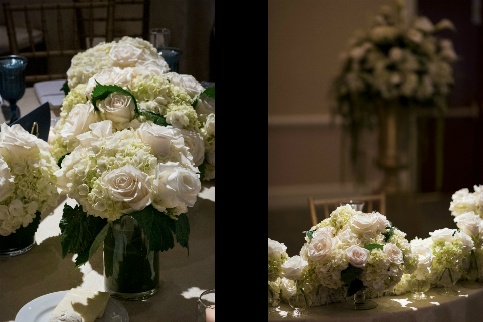 Reception table white white and cream roses and hydrangeas