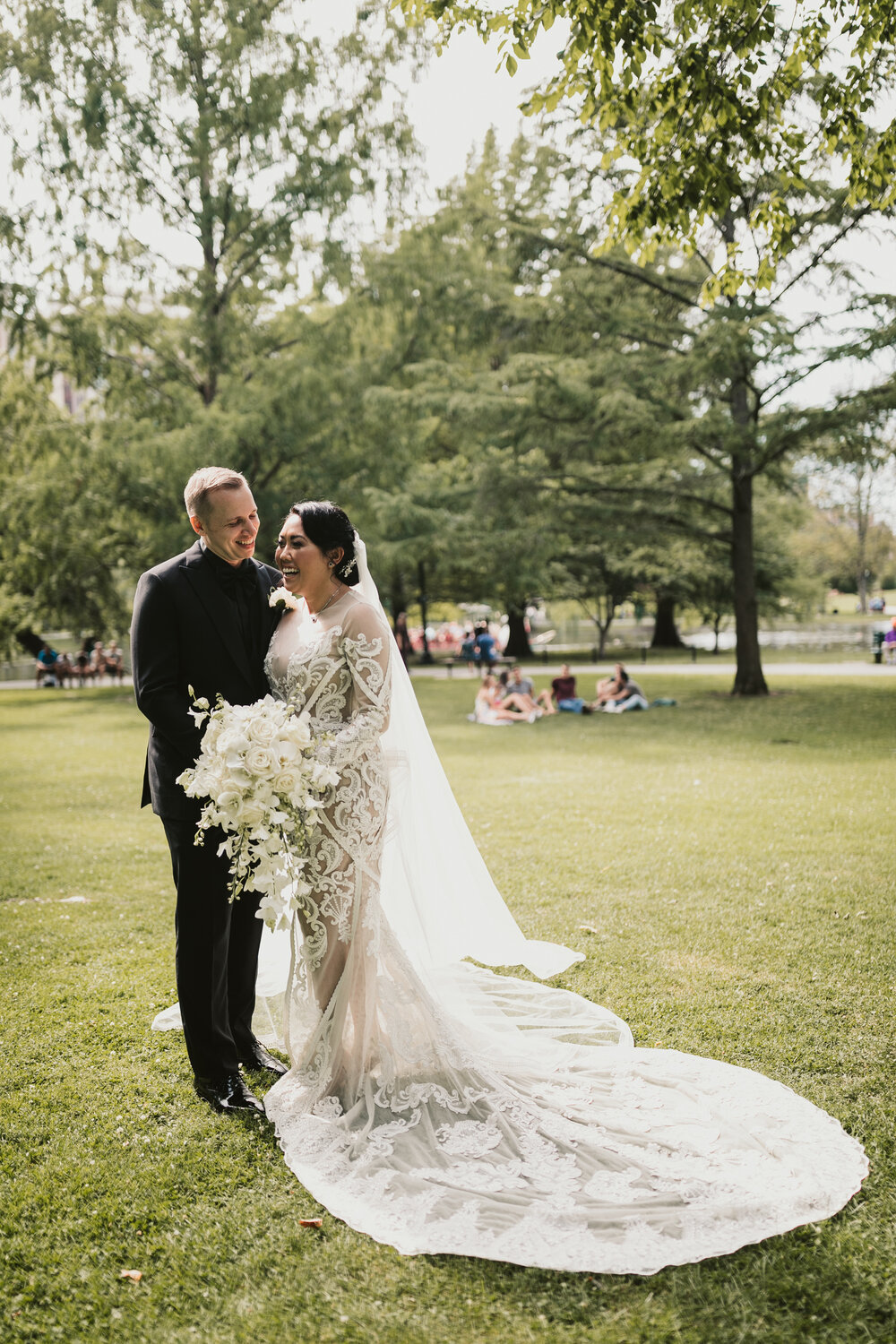 All white long cascading bridal bouquet