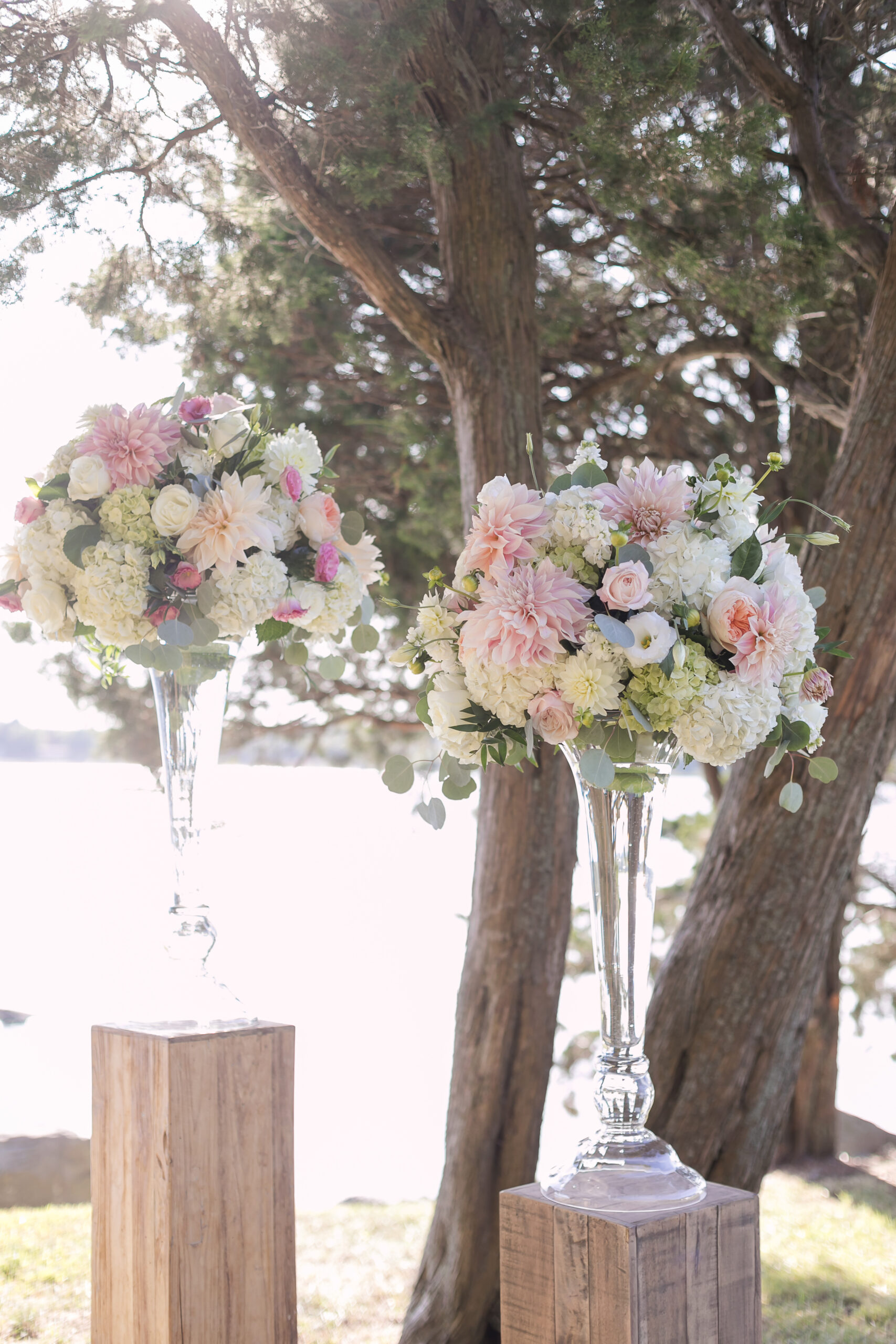 tall centerpeices blush and cream flowers wedding ceremony
