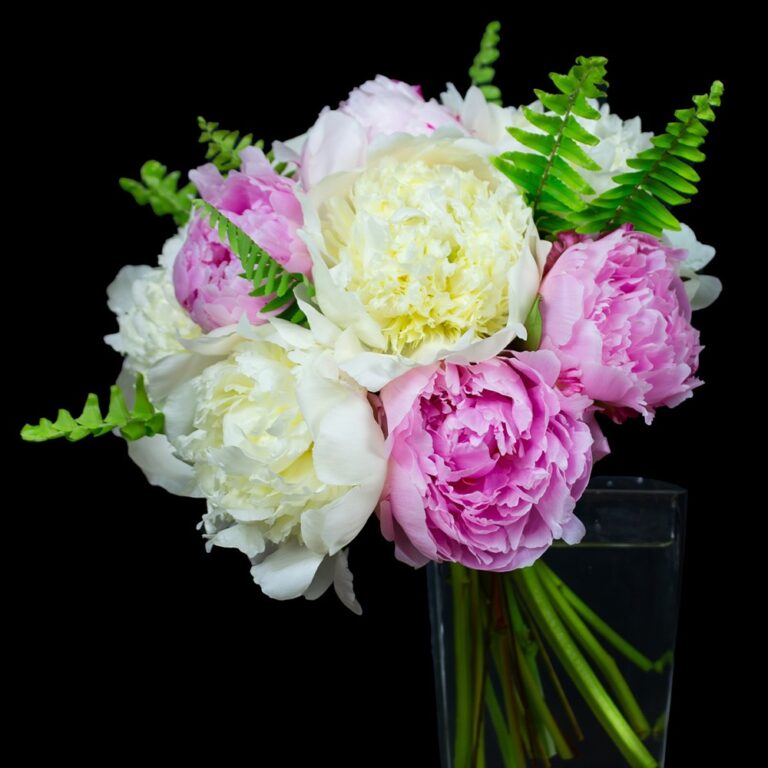 Close-up of a peony arrangement with white and pink blooms accented by bright green fern, displayed in a tall glass vase.